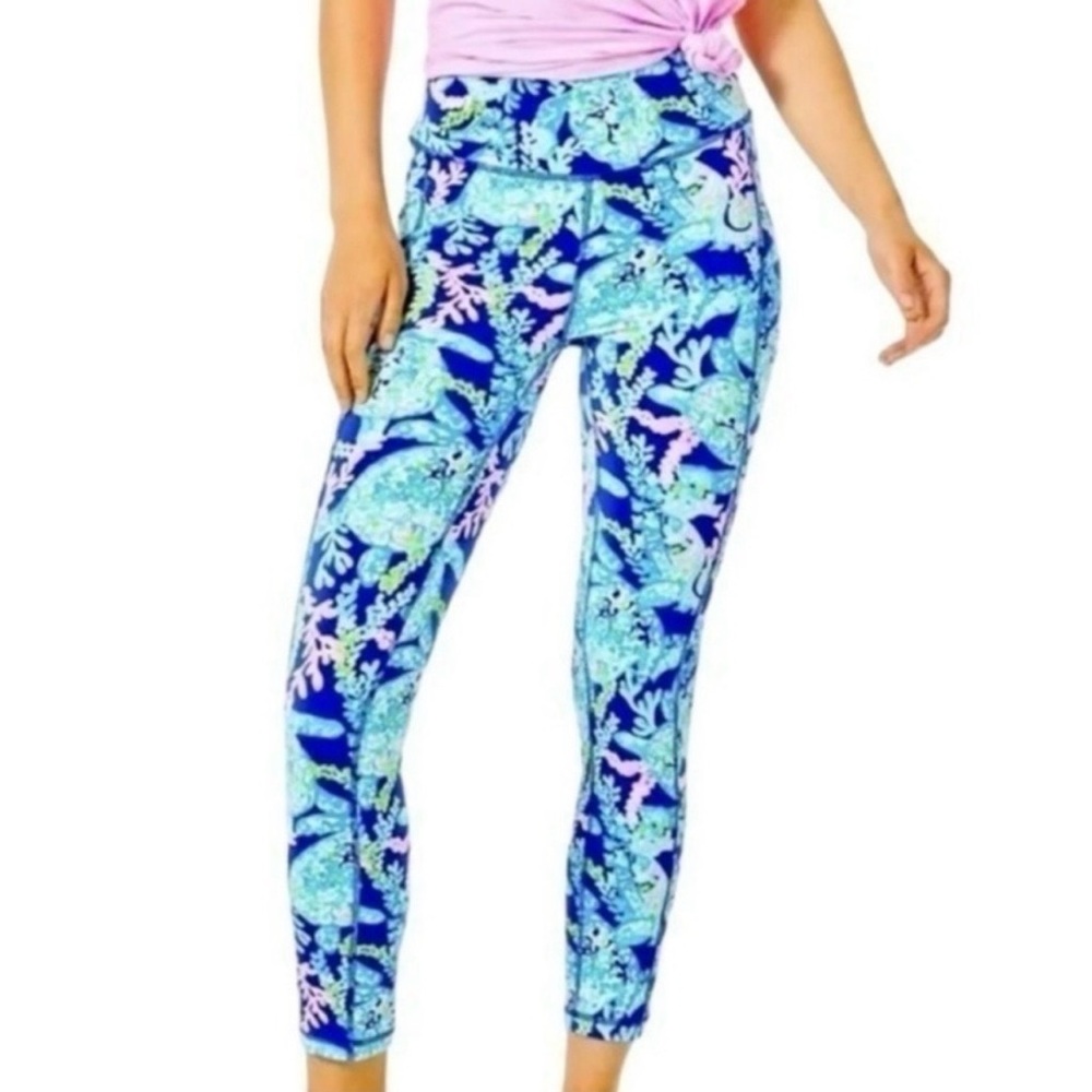 Lilly Pulitzer Luxletic Leggings Corsica Blue Turtle UPF 50+ High Rise Size M